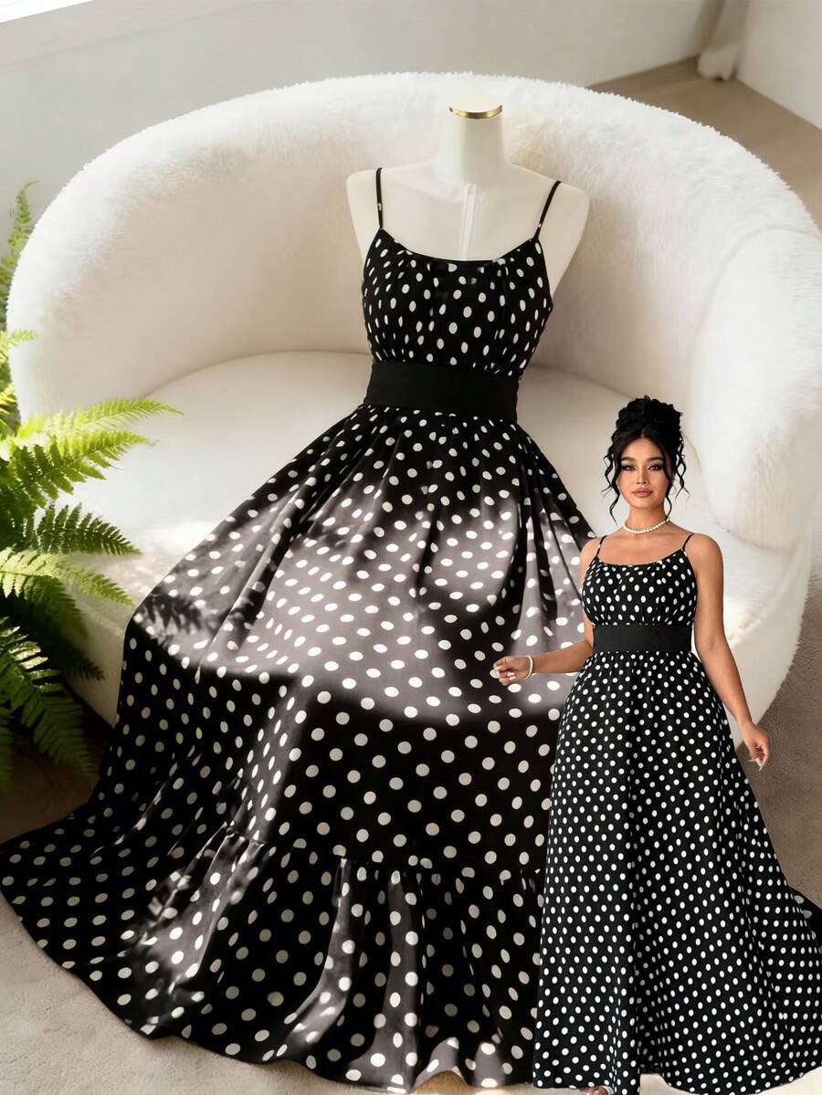 Elenzga Vestido largo de lunares de mujer de talla grande sin mangas, elegante estilo de fiesta, fondo negro - Blanco y Negro - Ver 1