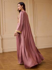 ZEYLAH 女士缎带饰边长袖睡袍和无袖连衣裙优雅两件套 - 中紫紅色 - 查看 5