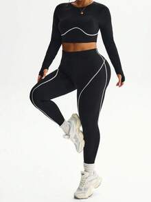 Rhythm Era Bộ áo thun dài tay màu đen liền mạch cỡ lớn và quần legging 7/8 dành cho nữ, Yoga, Thể dục, Trang phục hàng ngày - Đen và trắng - Xem 5