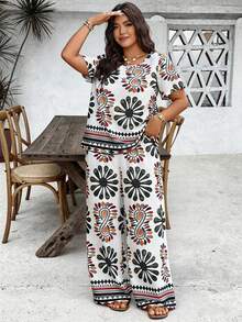 Breezaya Damen Große Größen Casual Lose Blume Muster Top + Damen Große Größen Casual Lose Blume Muster Hose - Verschiedenfarbig - Übersicht 1