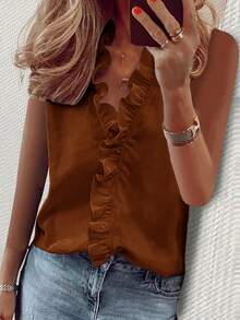 EMERY ROSE Women's Casual Sleeveless Frill Trim Blouse For Summer - Coffee Brown - View 1