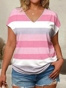 EMERY ROSE Plus Size Women Colorblock Striped Pattern Batwing Sleeve V-Neck T-Shirt - Multicolor - View 3