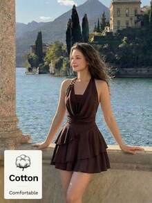 SHEIN MOD 这款女士棉质复古70年代不对称迷你连衣裙，饰有荷叶边、吊带、串珠装饰、层叠蛋糕裙摆和垂褶领，灵感源自Y2K，是海岛度假、派对、约会、生日庆祝、下午茶、夏季、节日、海滩、婚礼、度假的完美之选。这款咖啡棕色吊带迷你连衣裙，采用露背修身A字裙摆设计，饰有串珠肩带和层叠荷叶边裙摆，打造纤细腰身，性感优雅的Y2K风格派对礼服，适合夜店、约会之夜、鸡尾酒会、生日派对、度假、节日、夏季、节日、海滩、茶会等场合。印花图案，可爱迷人，适合花园派对、浪漫场合、乡村音乐会、音乐节等。这款连衣裙融合了波西米亚风、Y2K风格、复古风、田园风、花卉元素和荷叶边设计。 - 咖啡 - 查看 2