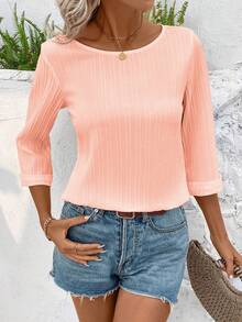 EMERY ROSE Solid Color Round Neck Casual Loose Autumn Blouse Travel Peach Pink - Pink - View 6