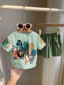SHEIN 男婴休闲卡通动物印花短袖上衣，适合春夏穿着 - 彩色 - 查看 4