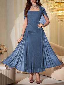 Modelyn Đầm dài ôm dáng, không dây vai, tay bồng, chất liệu lưới bóng, thanh lịch dành cho nữ, thích hợp cho mùa xuân và mùa thu. - Màu xanh lam - Xem 5