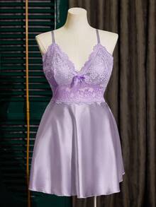 SilkySpell Vestido de satén con parches de encaje calado y espalda descubierta para mujeres - Púrpura malva - Ver 1