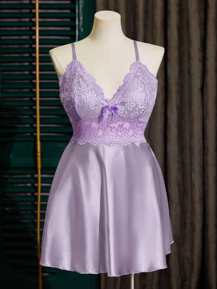 SilkySpell Vestido de satén con parches de encaje calado y espalda descubierta para mujeres - Púrpura malva - Ver 1