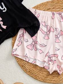 Teen Girl Sweet Casual White English Text & Pink Bow Print Top And Shorts Pajama Set - Multicolor - View 8