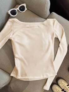 Resyla Women's Solid Color Padded Square Neck Long Sleeve Casual T-Shirt - Apricot - View 2