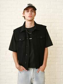 Zalmeno Áo khoác denim vest đơn hàng khuy, sờn dành cho nam - màu đen - Xem 5