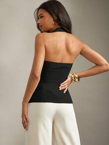 Hauture Sexy Summer Office Solid Flaps Detail Fitted Backless Vest Top - Black - View 2