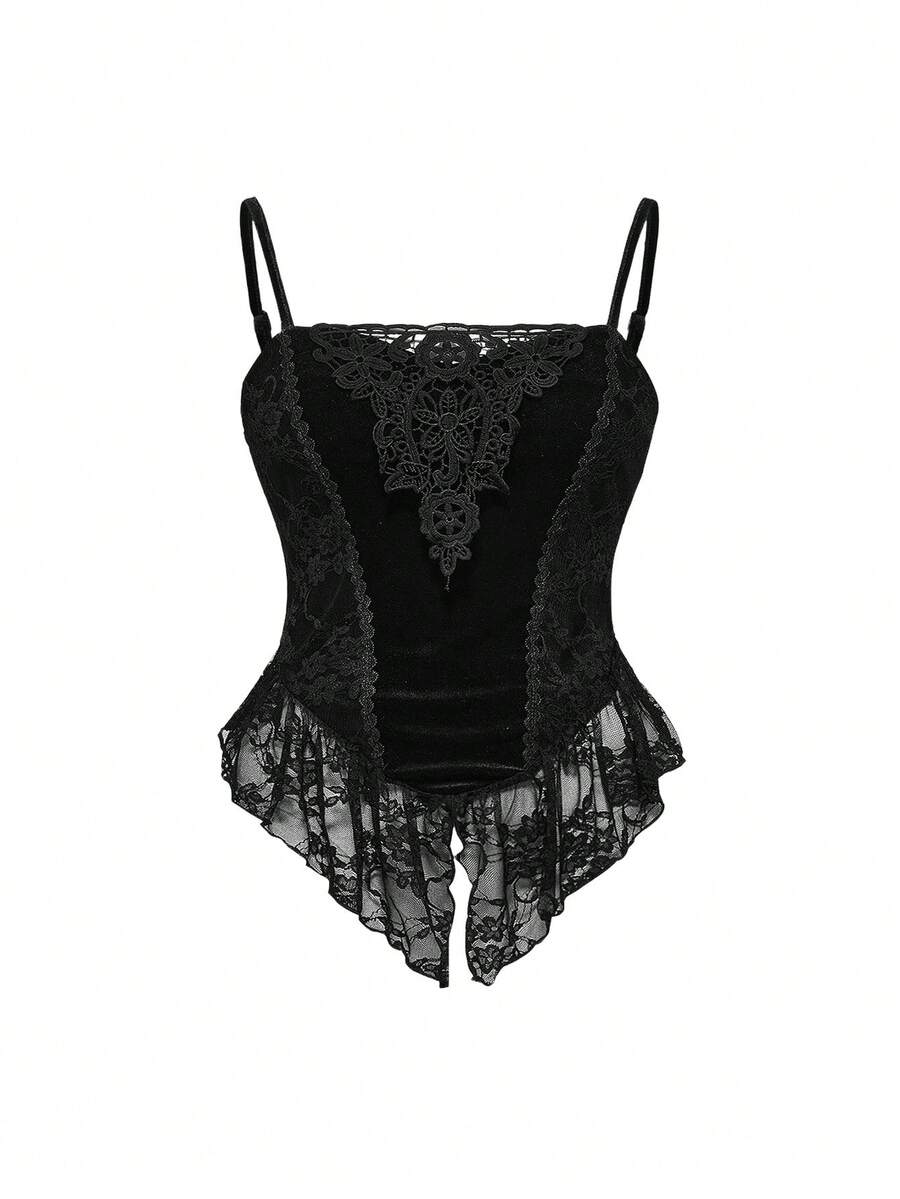 ROMWE Goth Spring/Summer Plus Size Y2K Sexy Velvet & Contrast Lace Camisole, Dark Halloween Style - Black - View 1