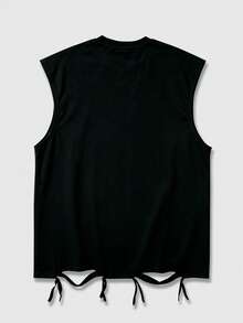 ROMWE MEN Street Life Top sin mangas con cuello redondo, estampado gráfico de estilo punk, diseño desgastado con diamante de imitación para hombres, verano - Negro - Ver 3