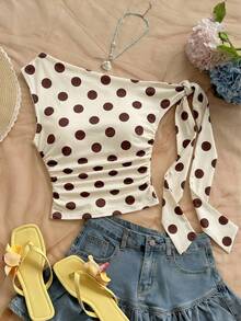 Soleia 休闲简约优雅浪漫复古波点印花图案，适合音乐节、海滩、度假穿着，女士夏季服装，不对称肩带系带上衣 - 彩色 - 查看 2