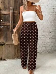 SHEIN Frenchy Brown & White Polka Dot All-Over Print Casual Elastic Waist Women's Pants, Suitable For Spring/Summer Vacation - Multicolor - View 6