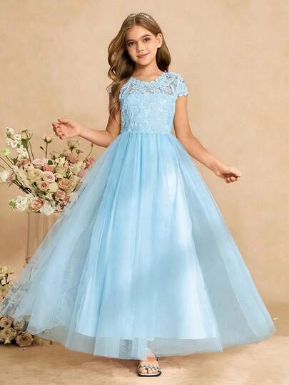 Đầm chiffon dài tay cổ chữ V phối ren thanh lịch, ngọt ngào dành cho bé gái, thích hợp làm phù dâu, dự đám cưới, tiệc chiêu đãi, sinh nhật, mọi mùa.