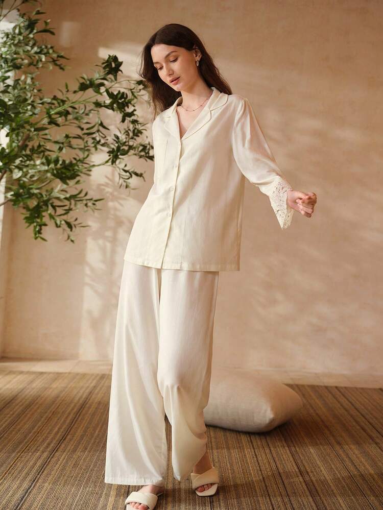 2PCS WOMEN COMFY CONTRAST LACE LOUNGEWEAR SET