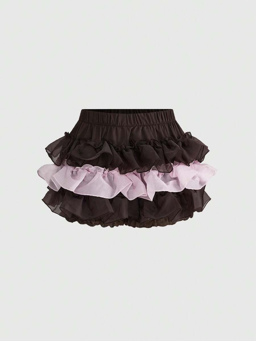 ROMWE Kawaii Women's Contrast Color Layered Ruffle Skorts - Brown - View 1