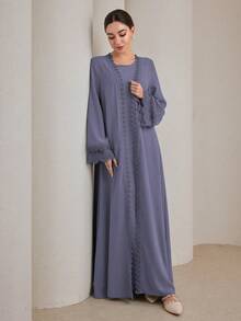 Graceveil 2pcs Women Traditional Long Dress & Abaya Coat Set Modest - Dusty Blue - View 1
