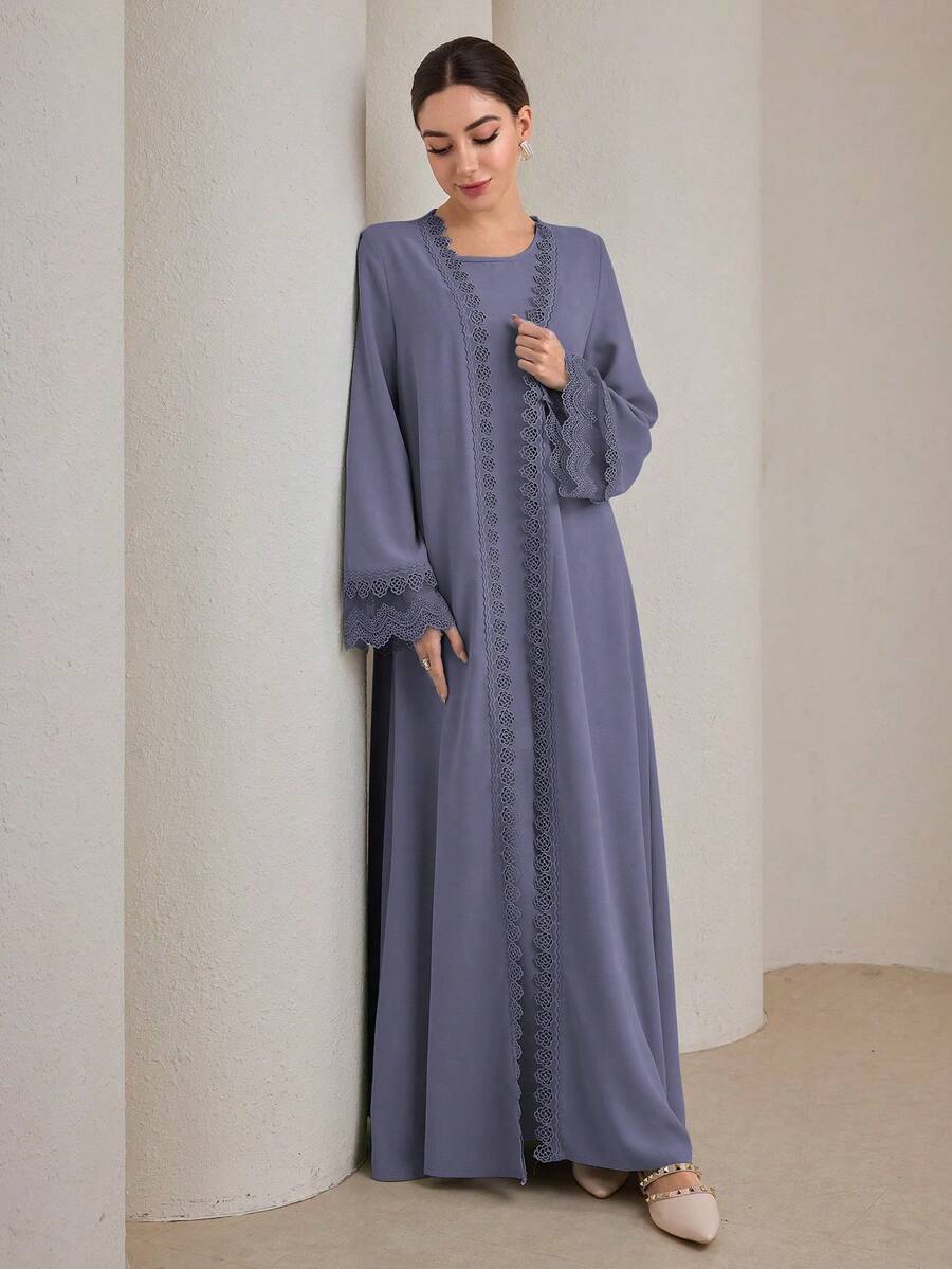 Graceveil 2pcs Women Traditional Long Dress & Abaya Coat Set Modest - Dusty Blue - View 1