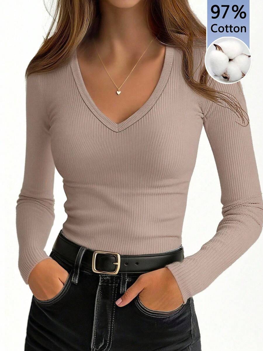EMERY ROSE Women's Casual Solid Color Minimalist V-Neck Long Sleeve T-Shirt - Apricot - View 1