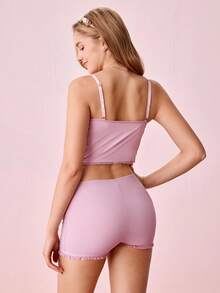 Bộ đồ ngủ/Pjama/Áo ba lỗ viền rau diếp và quần short Bộ đồ ngủ - Bụi hồng - Xem 2