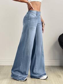 SHEIN Tall Front & Middle Patchwork Zebra Striped Washed Knit Wide Leg Jeans, Tall Women - Light Wash - View 6