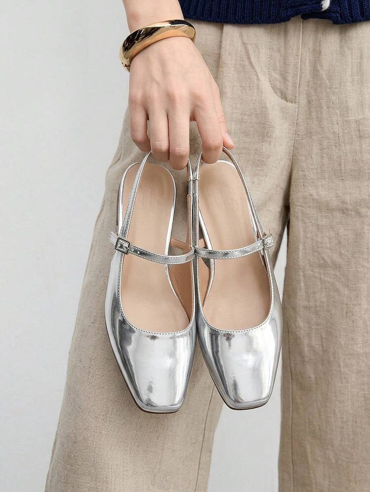 CUCCOO BIZCHIC Women Shoes Small Square Toe Flat Bottom Silver Mirror Women Low Vamp Flat Bottom Slingback Shoes Light Comfortable Simple Commuting Daily Versatile Women Flat Sole Shoes