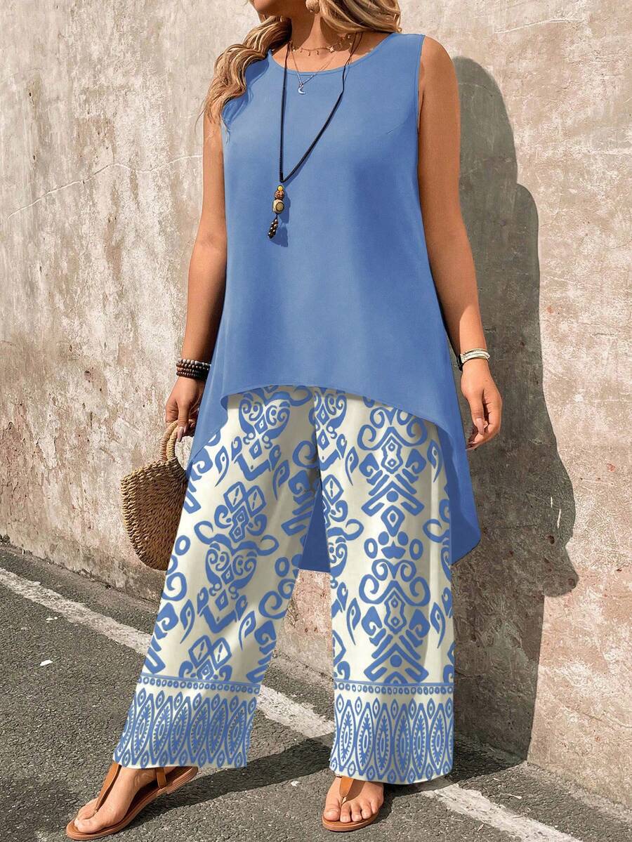 EMERY ROSE Plus Size 2 Pieces Set: Paisley Print Sleeveless Top And Wide Leg Pants - Baby Blue - View 1