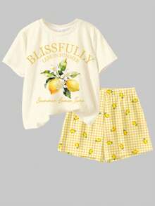 SHEIN Young Girl Retro Elegant Cream Lemon Tree Print Pattern,Fresh Yellow Plaid Short Sleeve T-Shirt And Shorts 2-Piece Set,Holiday Summer,Pastoral Style - Multicolor - View 3