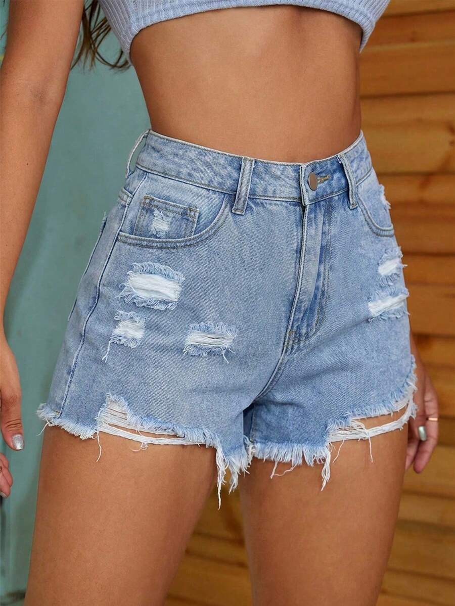 SHEIN EZwear Women's High Waist Pocketed Distressed Frayed Hem Casual Denim Shorts - Blue - View 1