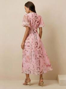 Anewsta Sommerkleider für Frauen, französischer Retro-Ölgemälde-Muster V-Ausschnitt Petal-Ärmel Perlknopf Taille A-Linie Midi-Kleid, elegantes rosa Kleid für Frauen - Pink - Übersicht 7