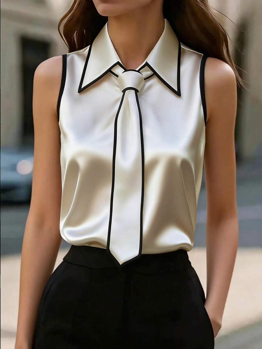 Women's Fashion Contrast Trim Sleeveless Blouse - Black and White - View 1