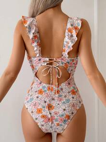 Swim Mod 1 件装热带碎花荷叶边露背连体泳衣夏季 - 彩色 - 查看 6