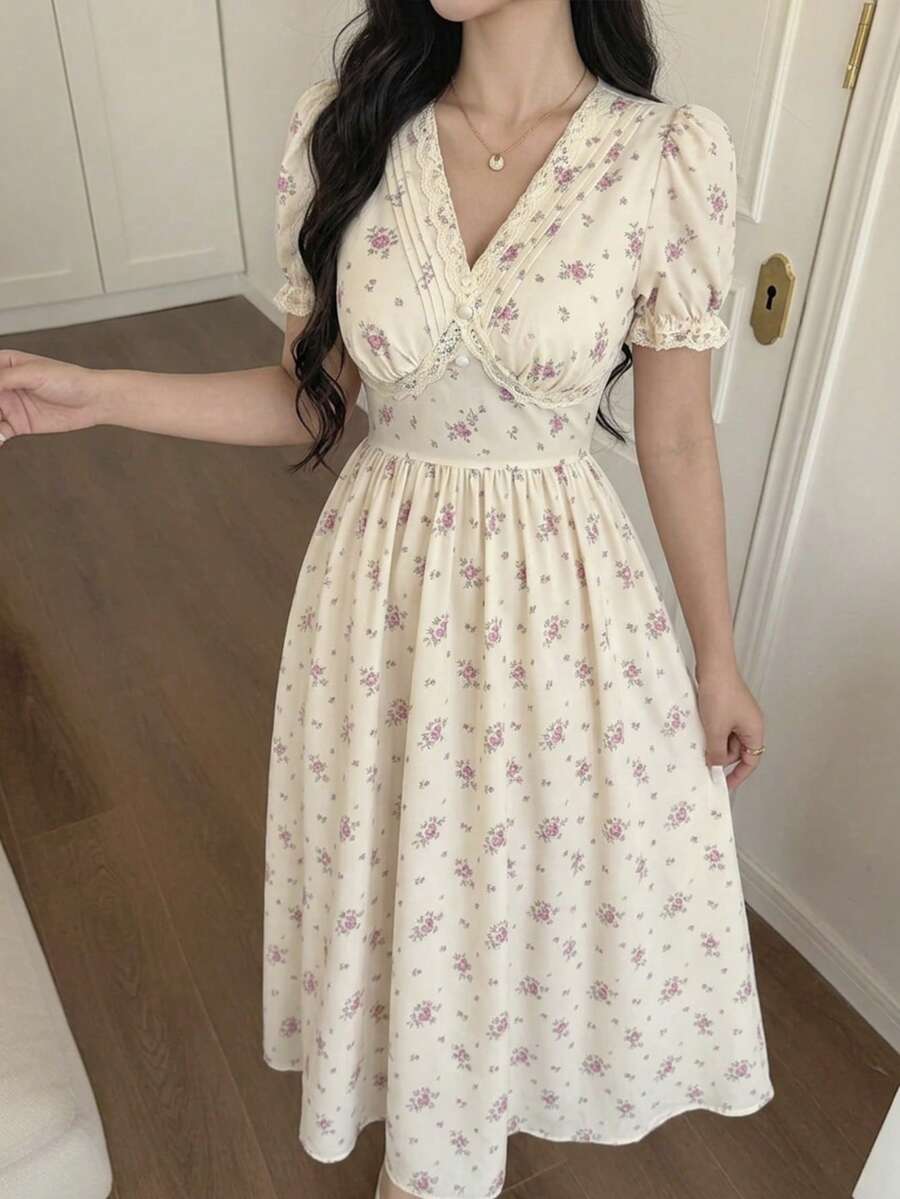 Modelyn 女士夏季休闲碎花印花收腰花瓣袖中长连衣裙 - 彩色 - 查看 1