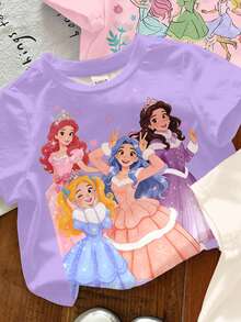 Set de 3 camisetas de manga corta con cuello redondo para niña, con estampados de princesa, flores y lazos, en un estilo suave, lindo y elegante. Adecuado para uso diario, en el hogar, vacaciones y días festivos. Cómodo y casual para primavera y verano. Estampados de princesas de dibujos animados, estilo chic de verano, nuevo estilo, relajado y con vibras de primavera. - Multicolor - View 4