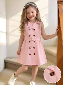 SHEIN Vestido largo de tirantes con cinturón y cuello de solapa para niñas pequeñas de 4 a 7 años - Rosa - Ver 9