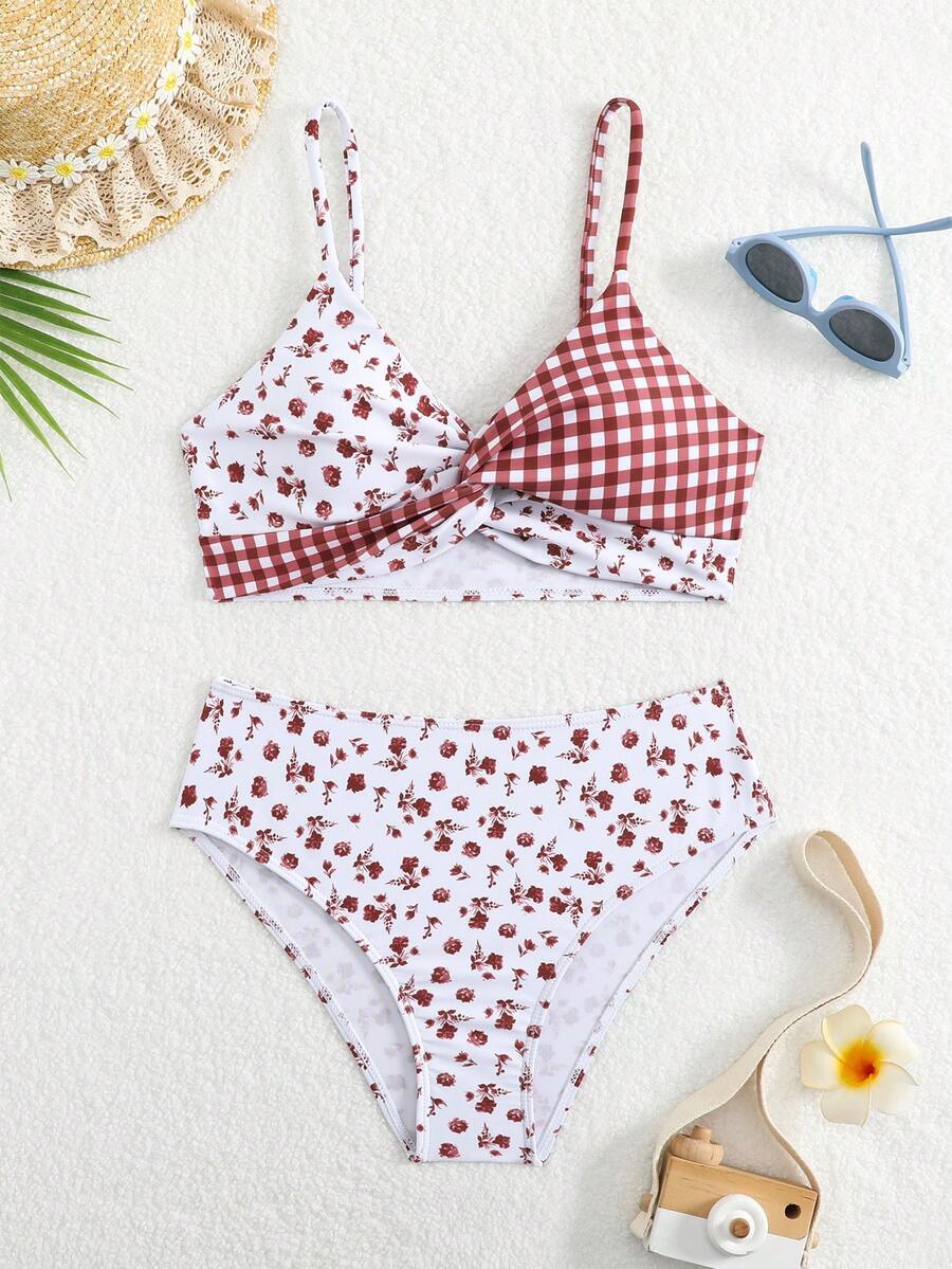 SHEIN 2件套少女格子碎花弹力速干舒适针织面料连体泳衣,适合海滩、泳池、冲浪、度假、夏季旅行 - 彩色 - 查看 1