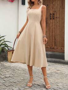 EMERY ROSE 女士休闲纯色方领拉链后背简约连衣裙，百搭日常穿着 - 卡其色 - 查看 4