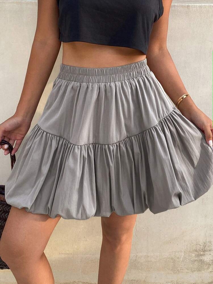 Solid Color Loose Flared Skirt, Elastic Waist Casual Summer Holiday Mini Skirt For Women