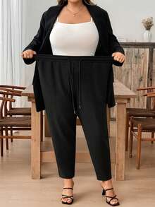 SHEIN CURVE+ Ensemble deux pièces grande taille pour femmes, veste de costume noire décontractée et ample, et leggings, tenue décontracté confortable pour l'automne et l'hiver, tenue de bureau décontracté, tenue d'automne, tenue de travail - Noir - Voir 6
