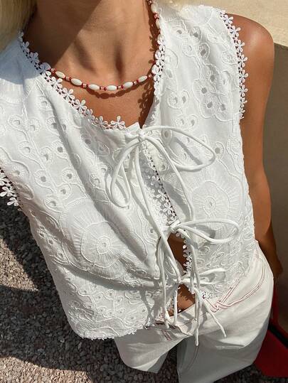 DAZY Áo vest nữ màu trơn, chất liệu jacquard, phối nhiều lớp, xếp nếp, thắt nơ, thích hợp cho kỳ nghỉ hè.