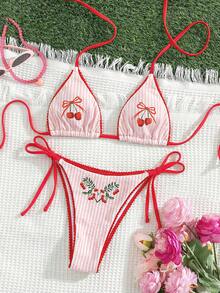 Swim Mod Halter Tie Soft Fabric Cherry Print 2 Pieces Bikini Swimwear Set - Multicolor - View 7