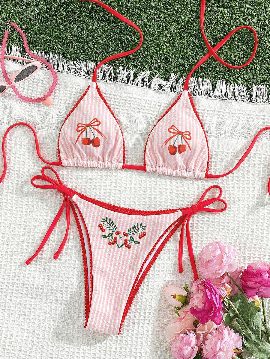 Swim Mod 挂脖系带柔软面料樱桃印花两件套比基尼泳衣