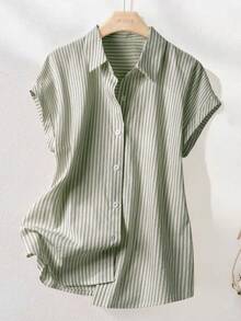 SHEIN Franclia Vintage Striped Short Sleeve Shirt, Fashionable For Commuting In Summer - Army Green - View 8