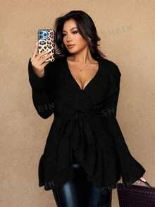 Rafferiza Women's Basic Minimalist Elegant French Fashion Romantic Tie-Front Cardigan - Black - View 5