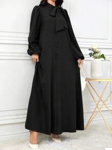 Al Najma Women Elegant Solid Color Lantern Sleeve Tie Collar Arabian Dress For Autumn, Modest Elegant A Line Arabian Dresses, For Casual Daily - Black - View 5