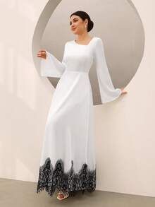 Graceveil Elegant Asymmetric Neck Lightweight Acetate Satin Color Block Lace Patchwork Long Sleeve Dress For Women - Black and White - View 8