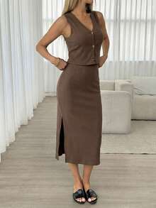 Easowa 女士纯色单排扣背心和迷你裙休闲两件套 - 棕色 - 查看 3